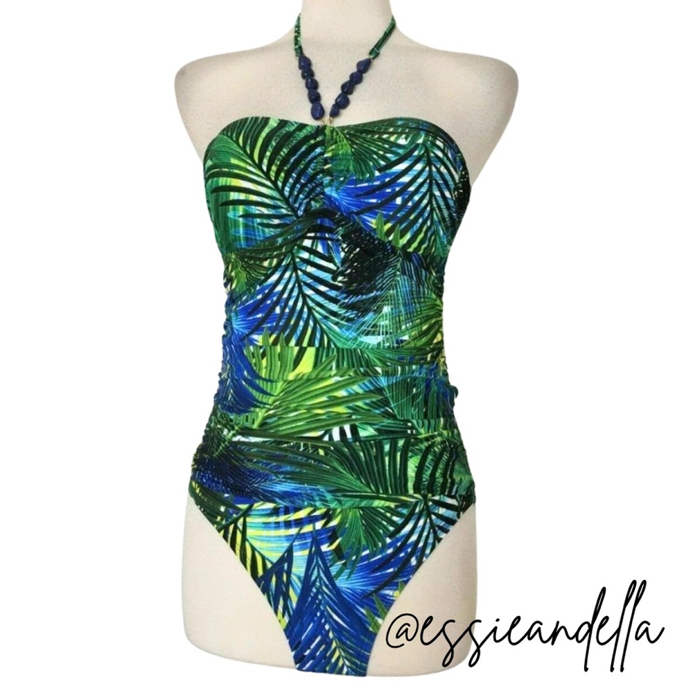 Chaps Green and Blue Leaf Print One Piece Swimsuit